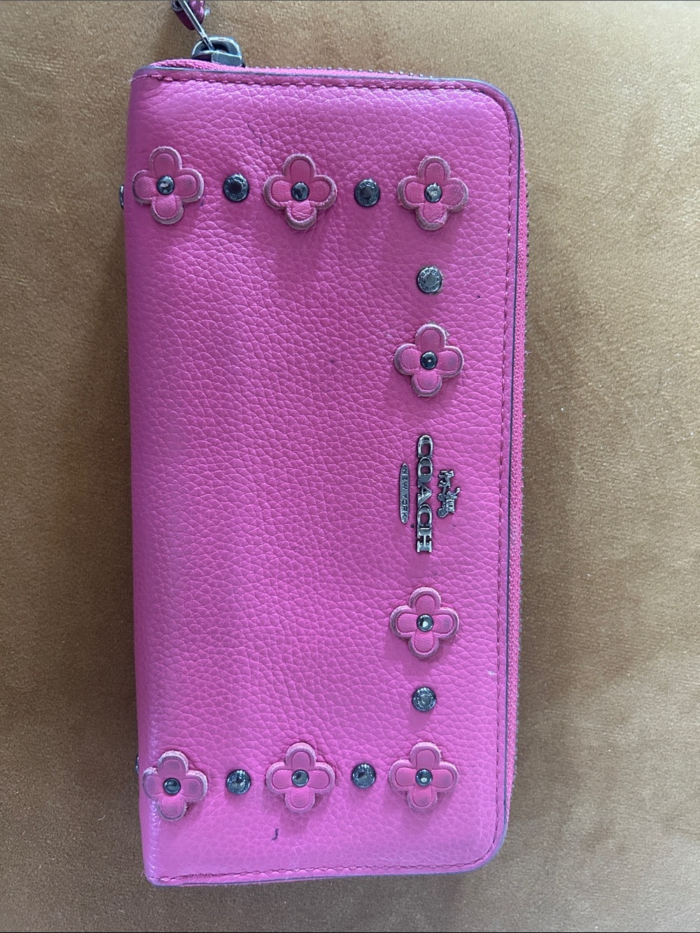 Coach Limited Edition Hot Pink Floral Stud Zip-Around Wallet